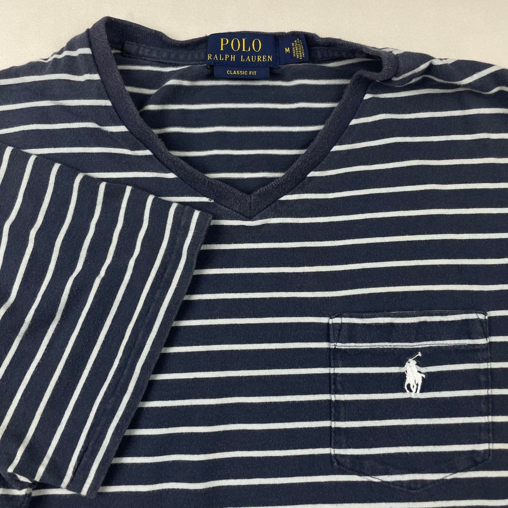 Polo Ralph Lauren Men Classic Fit V-Neck Striped Pocket T-Shirt Navy Blue Size M
